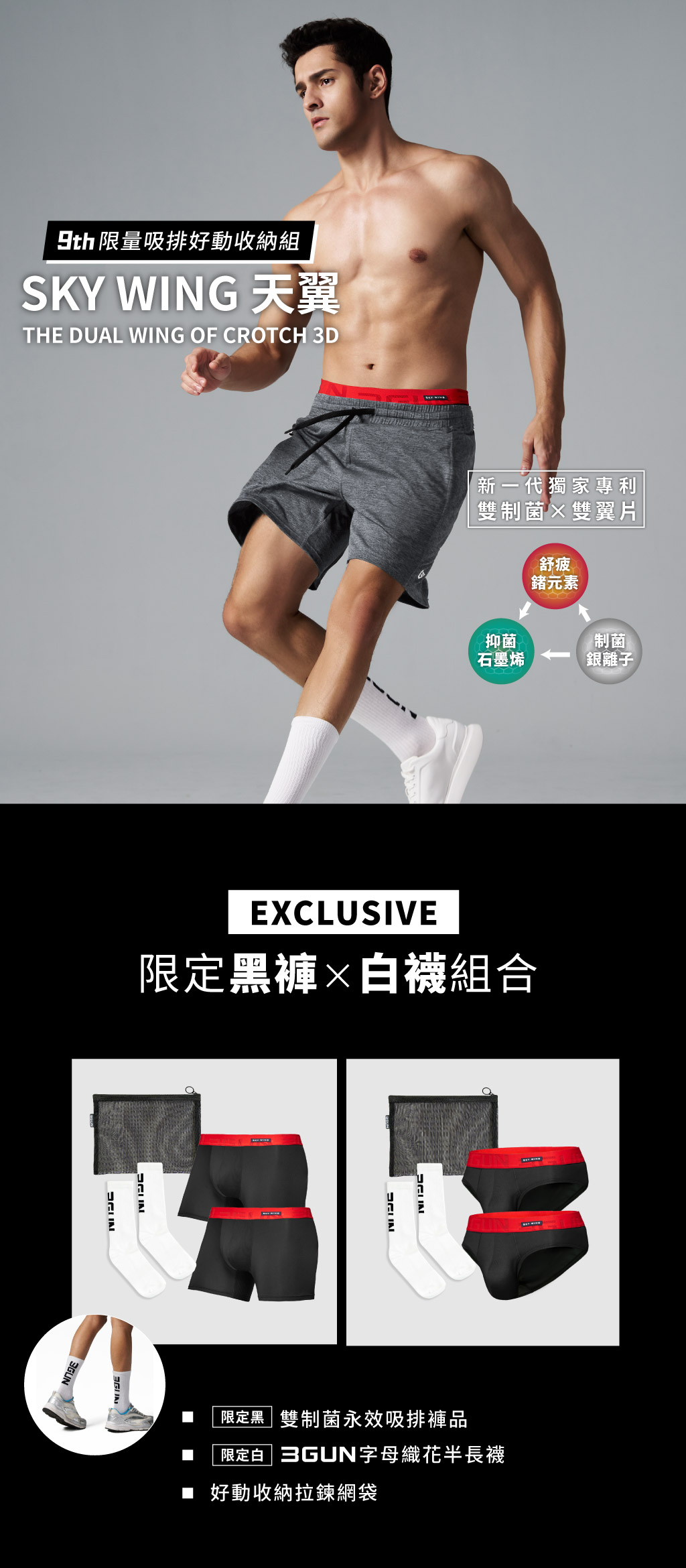 9TH限量吸排好動收納組-SKY WING 天翼-3GUN ｜男性時尚內衣褲MIT品牌
